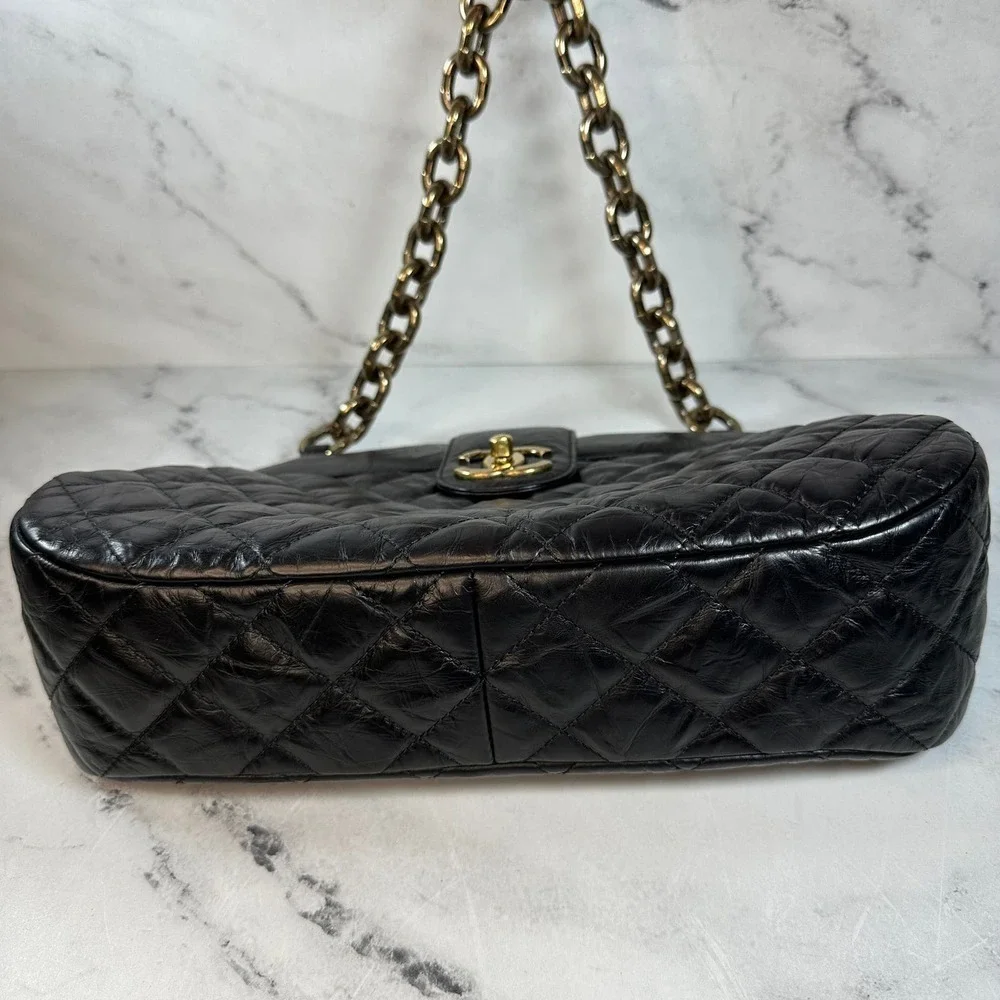 Chanel Frame Shoulder Bag CC Distressed Quilted Leather Black/Gold Thick Chain